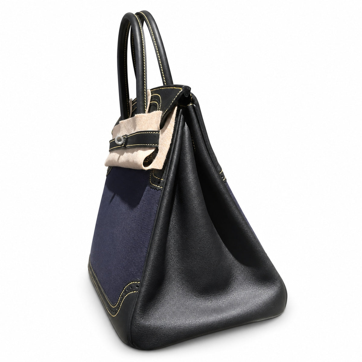 Birkin Ghillies 30 Black Leather and Navy Blue Denim Splicing Bag — Refined Structured Tote