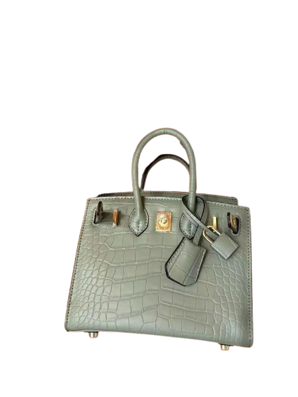 Mini Birkin 20cm Outer Stitching Tote Bag in Sage Green Crocodile Pattern — Polished Top-Handle Bag