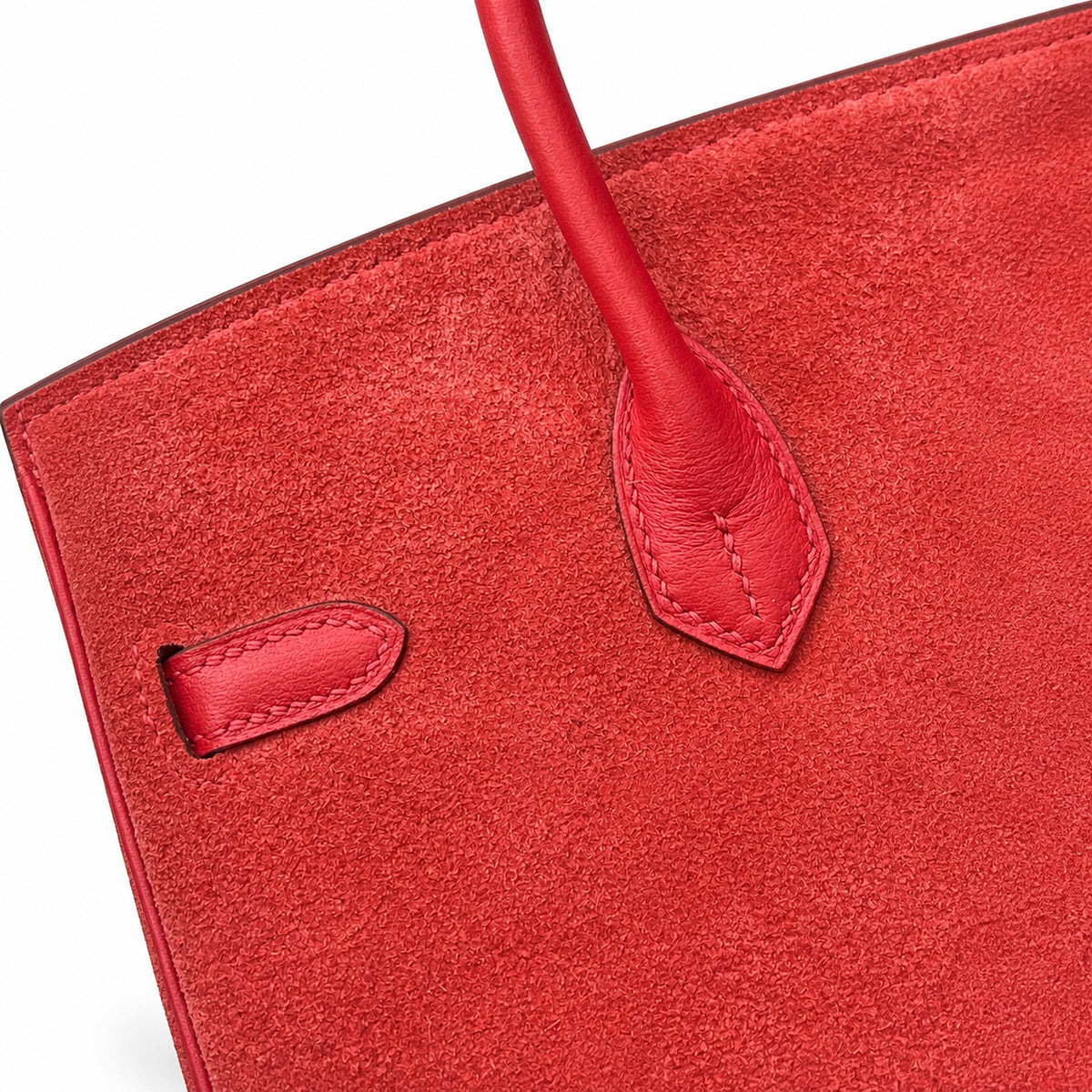 Rare Runaway Birkin 25cm Grizzly Rouge Casaque Suede Luxury Tote — Polished Top-Handle Bag