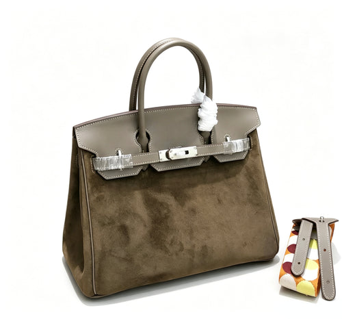 Birkin 30 Etoupe Swift Leather and Suede Splicing Bag — Distinctive Carryall Silhouette