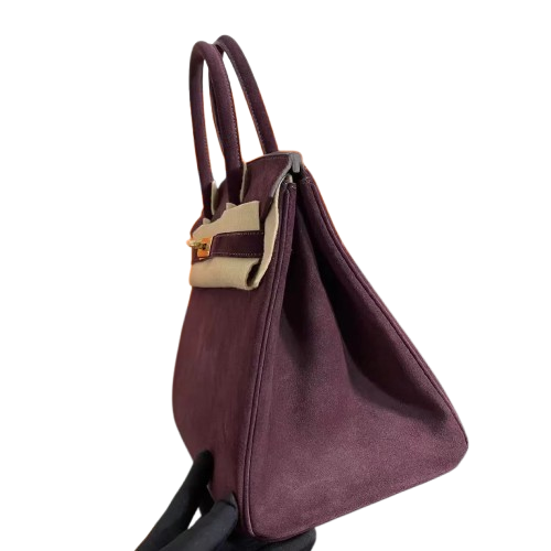 Birkin 30 Retourne in Bordeaux Suede Grizzly with White Stitching (Gold Hardware) — Classic Hand-Carry Tote