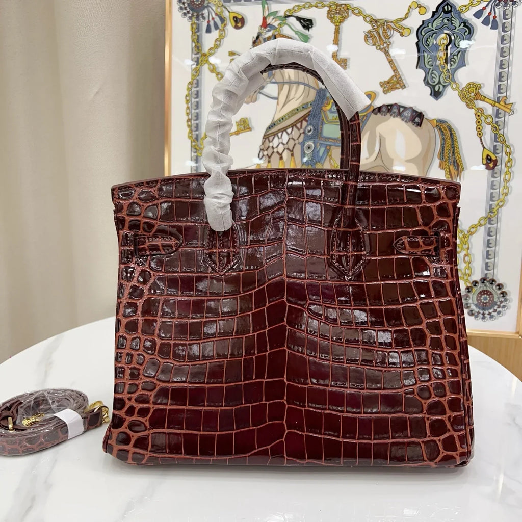 Birkin Bordeaux Shiny Porosus Crocodile Gold Hardware — Timeless Structured Handbag