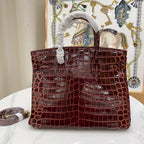 Birkin Bordeaux Shiny Porosus Crocodile Gold Hardware — Timeless Structured Handbag