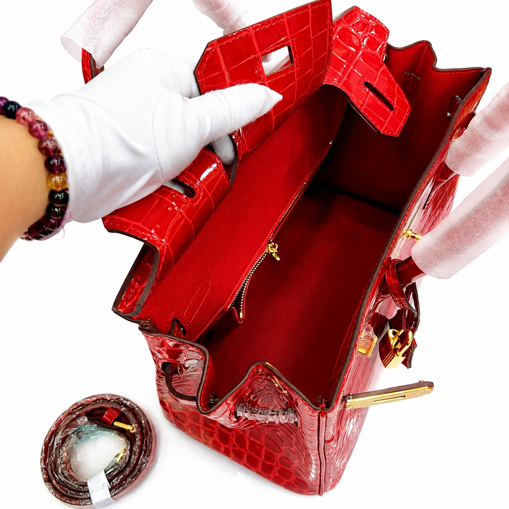 Birkin Style 25/30/35 Retourne in Rouge Vif Crocodile-Embossed Leather (Gold Hardware) — Sophisticated Tote Style