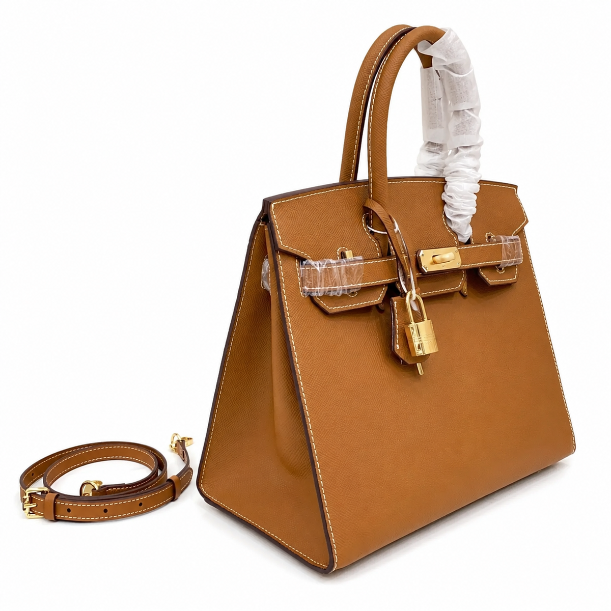 Birkin Style 25/30 Sellier in Gold Epsom Leather with White Stitching (Gold Hardware) — Distinctive Carryall Silhouette