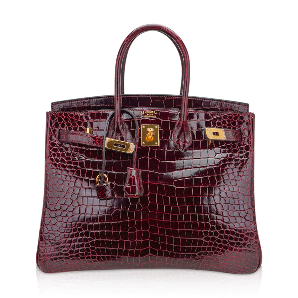Birkin 35 Bag Bordeaux Porosus Crocodile with Gold Hardware — Polished Top-Handle Bag