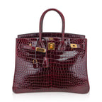 Birkin 35 Bag Bordeaux Porosus Crocodile with Gold Hardware — Polished Top-Handle Bag