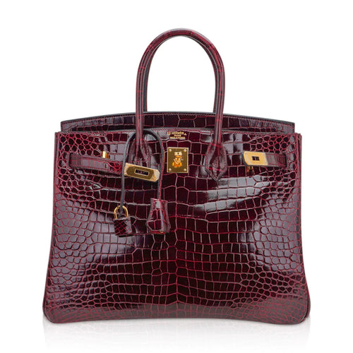 Birkin 35 Bag Bordeaux Porosus Crocodile with Gold Hardware — Polished Top-Handle Bag