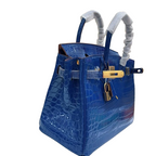 Birkin Blue Croc Embossement Leather Handbags Metal Lock Satchel Bag — Structured Top-Handle Tote