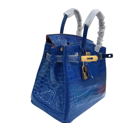 Birkin Blue Croc Embossement Leather Handbags Metal Lock Satchel Bag — Structured Top-Handle Tote