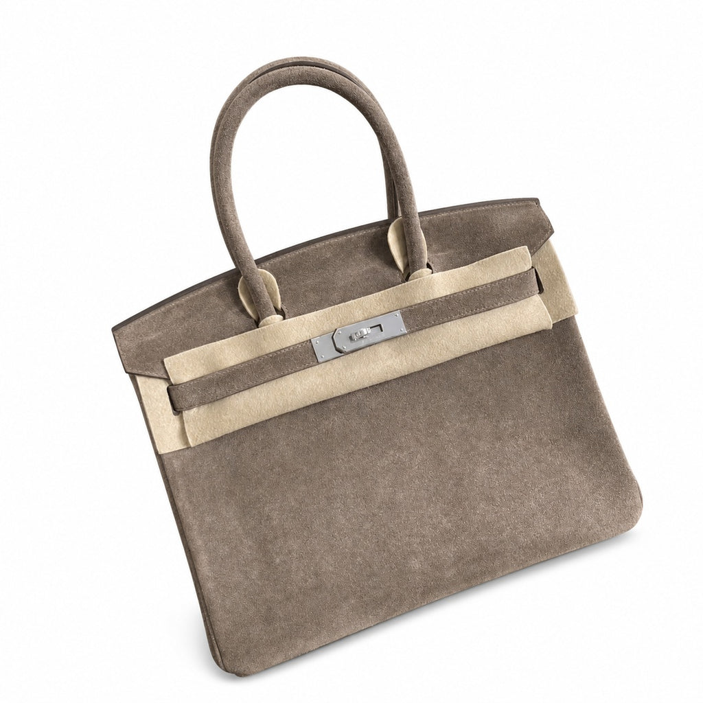 Birkin 30 Retourne in Etoupe Suede Grizzly with White Stitching (Palladium Hardware) — Distinctive Carryall Silhouette