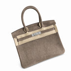 Birkin 30 Retourne in Etoupe Suede Grizzly with White Stitching (Palladium Hardware) — Distinctive Carryall Silhouette