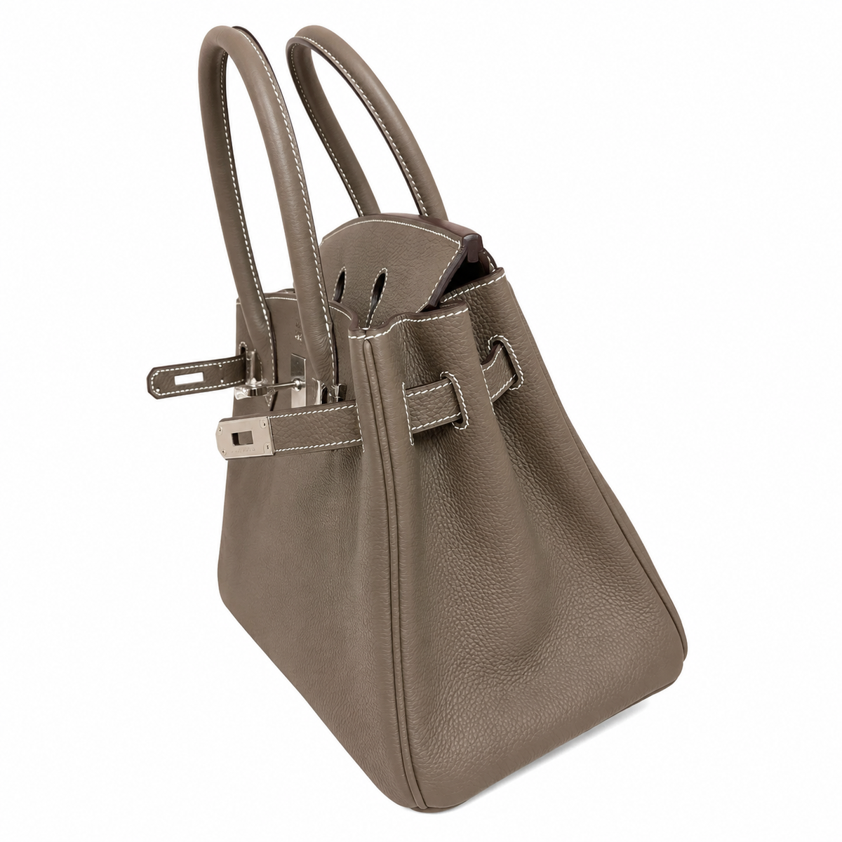 Birkin 30 Retourne in Etoupe Togo Leather with White Stitching (Palladium Hardware) — Classic Hand-Carry Tote