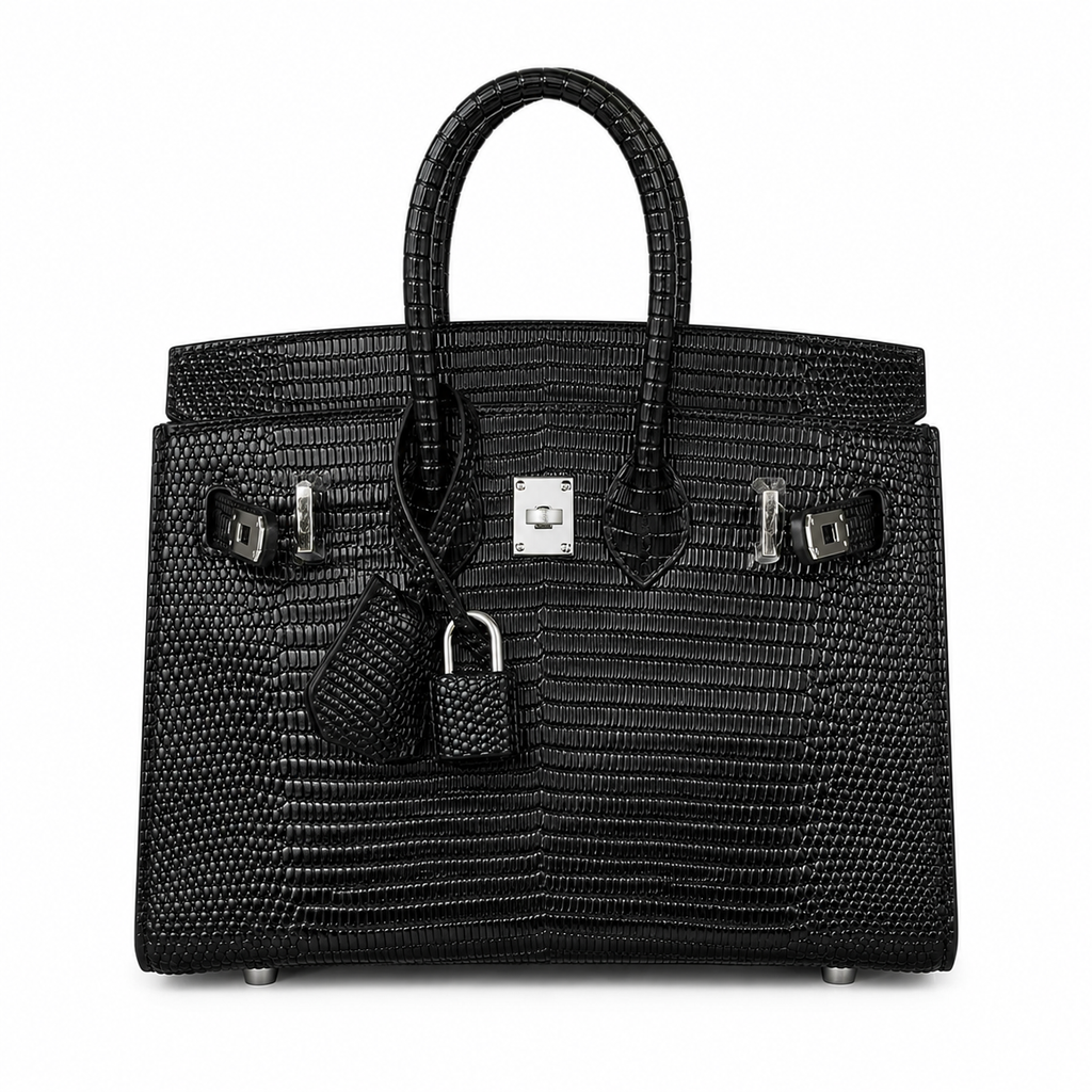 Mini Birkin 20cm Outer Stitching Tote Bag in Black Lizard Pattern — Distinctive Carryall Silhouette