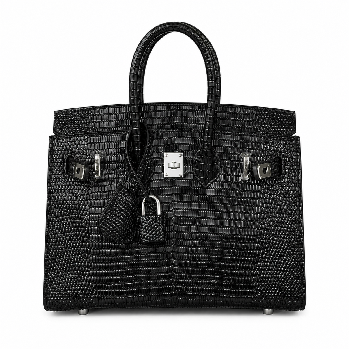 Mini Birkin 20cm Outer Stitching Tote Bag in Black Lizard Pattern — Distinctive Carryall Silhouette