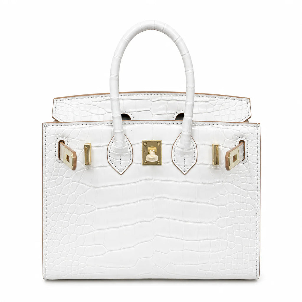 Mini Birkin 20cm Outer Stitching Tote Bag in Pure White Crocodile Pattern — Refined Structured Tote
