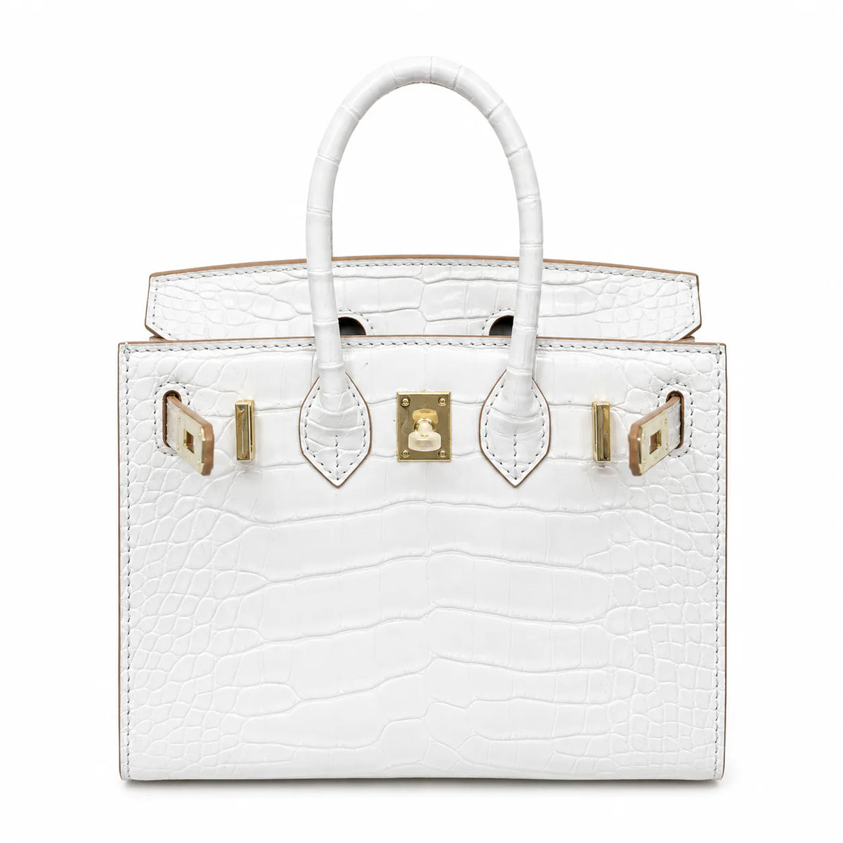 Mini Birkin 20cm Outer Stitching Tote Bag in Pure White Crocodile Pattern — Refined Structured Tote