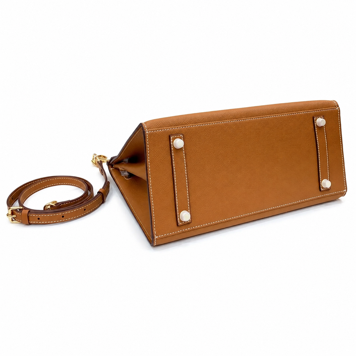 Birkin Style 25/30 Sellier in Gold Epsom Leather with White Stitching (Gold Hardware) — Distinctive Carryall Silhouette