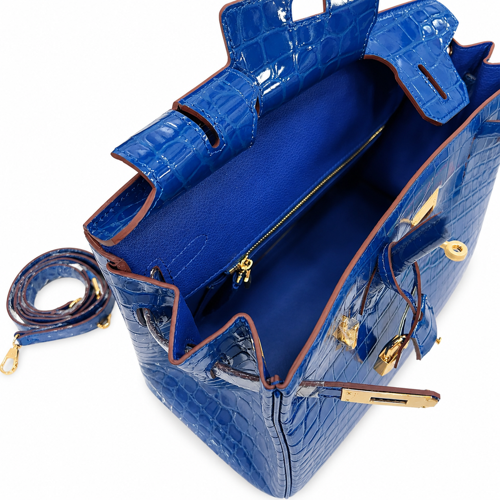Birkin Blue Croc Embossement Leather Handbags Metal Lock Satchel Bag — Structured Top-Handle Tote