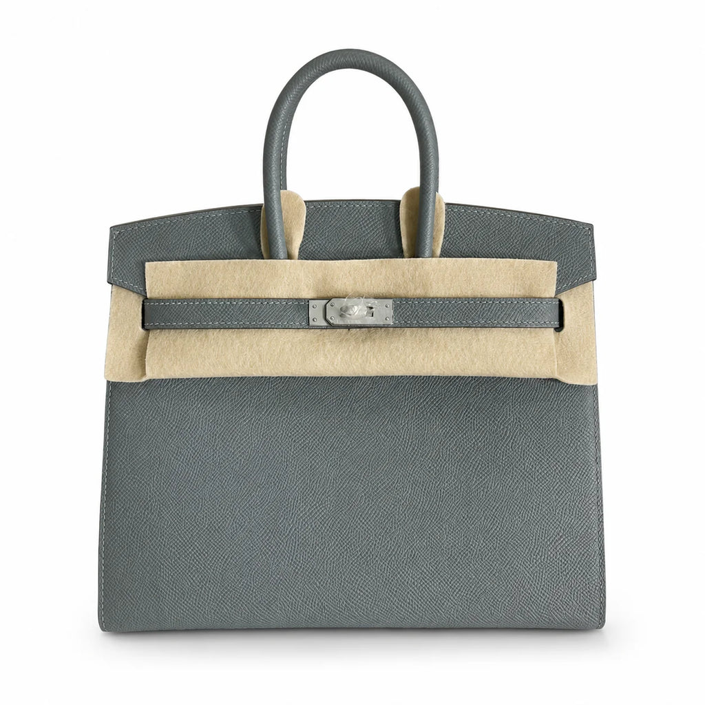 Timeless Structured Handbag: Birkin 25 Sellier 63 Vert Amande Epsom Silver Hardware