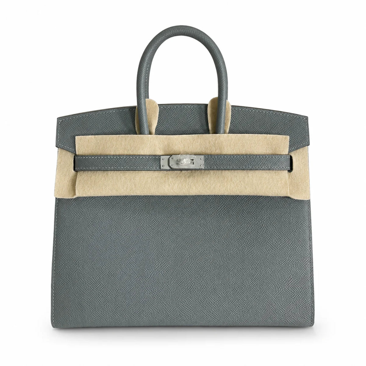 Timeless Structured Handbag: Birkin 25 Sellier 63 Vert Amande Epsom Silver Hardware