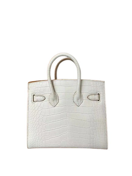 Mini Birkin 20cm Outer Stitching Tote Bag in Pure White Crocodile Pattern — Refined Structured Tote