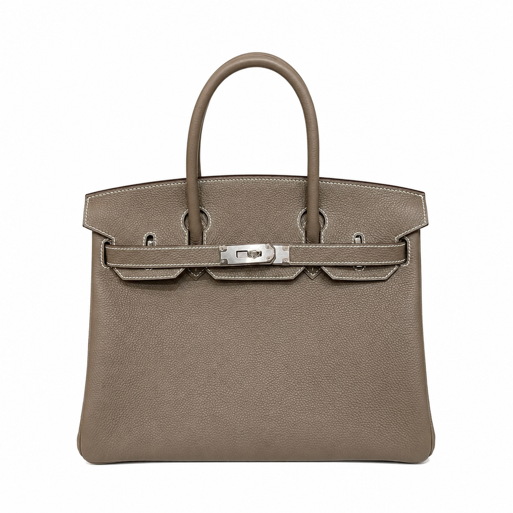 Birkin 30 Retourne in Etoupe Togo Leather with White Stitching (Palladium Hardware) — Classic Hand-Carry Tote