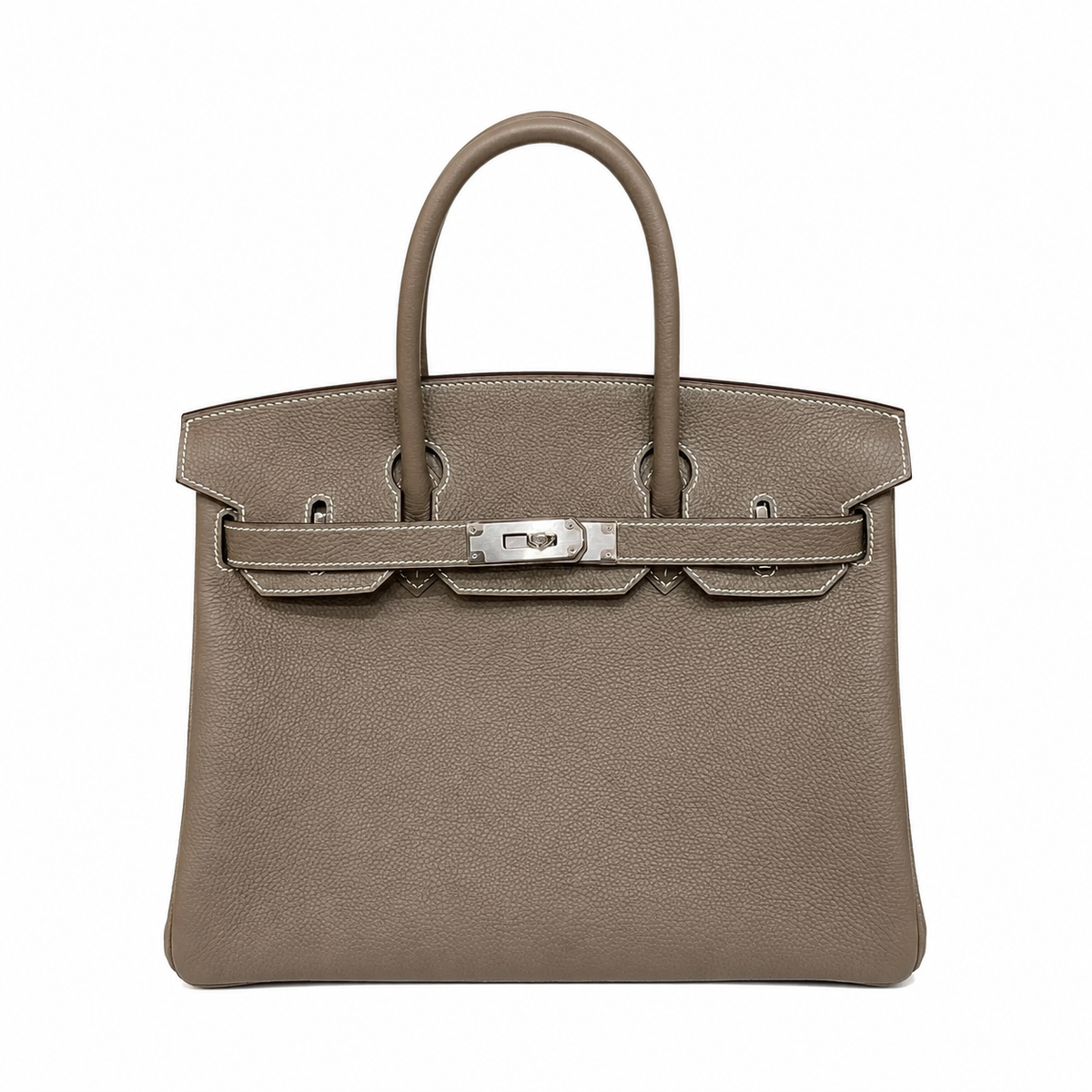 Birkin 30 Retourne in Etoupe Togo Leather with White Stitching (Palladium Hardware) — Classic Hand-Carry Tote