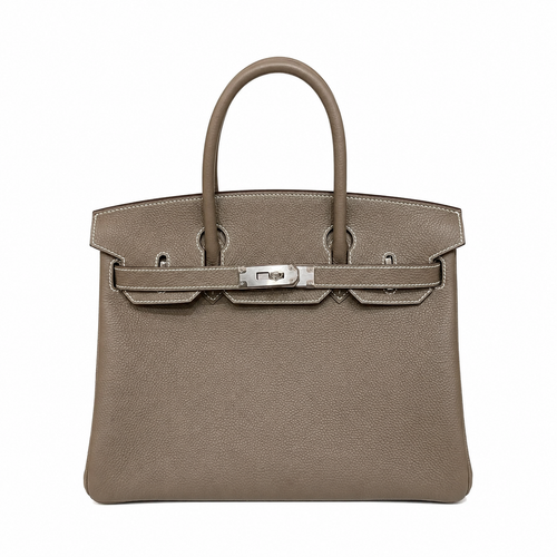 Birkin 30 Retourne in Etoupe Togo Leather with White Stitching (Palladium Hardware) — Classic Hand-Carry Tote