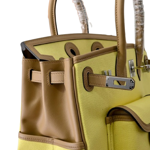 Birkin Cargo 25 Sesame and Lime Yellow Swift Leather Splicing Canvas Bag — Timeless Structured Handbag