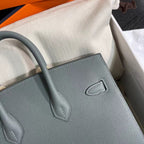 Timeless Structured Handbag: Birkin 25 Sellier 63 Vert Amande Epsom Silver Hardware