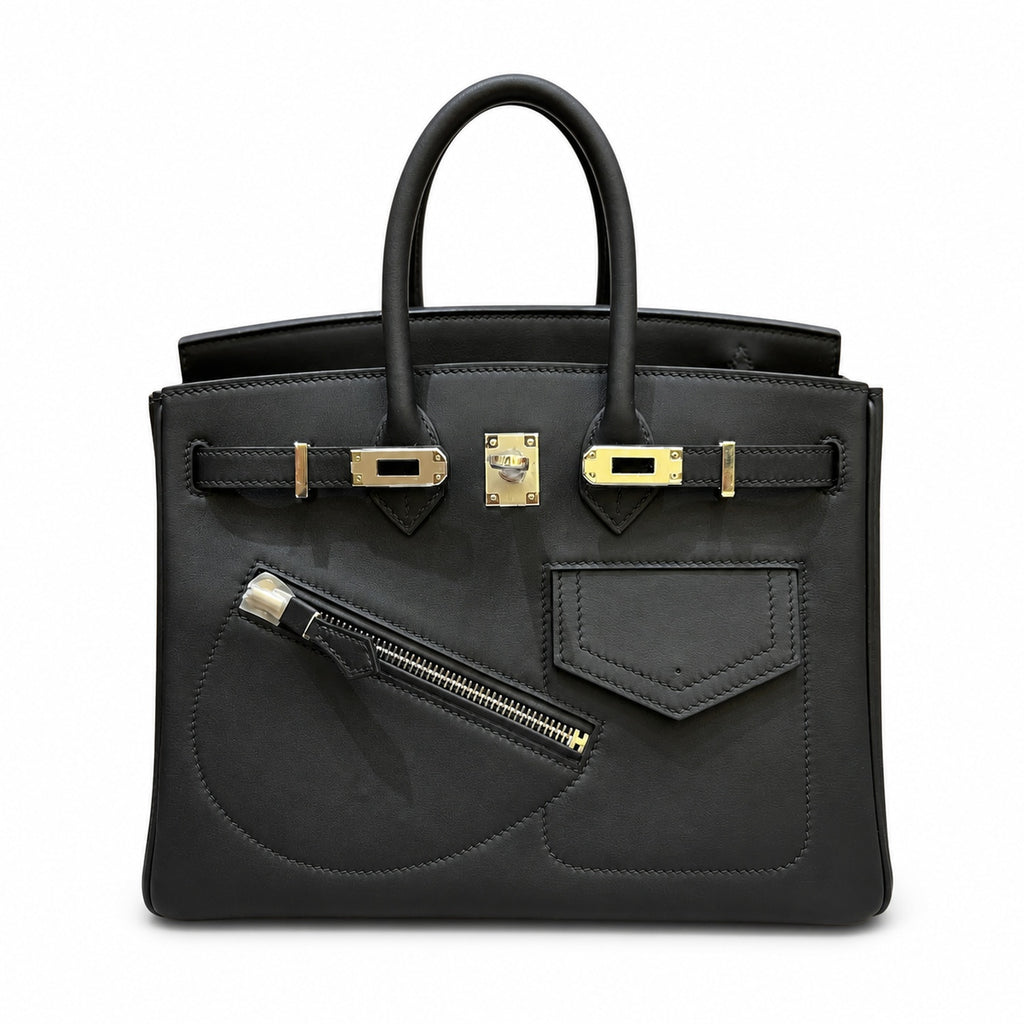 Birkin 25 Rock Black Leather Multi-Pocket Handbag with Chain — Elegant Hand-Carry Design