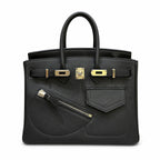 Birkin 25 Rock Black Leather Multi-Pocket Handbag with Chain — Elegant Hand-Carry Design