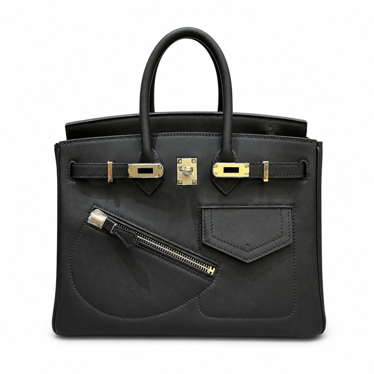 Birkin 25 Rock Black Leather Multi-Pocket Handbag with Chain — Elegant Hand-Carry Design