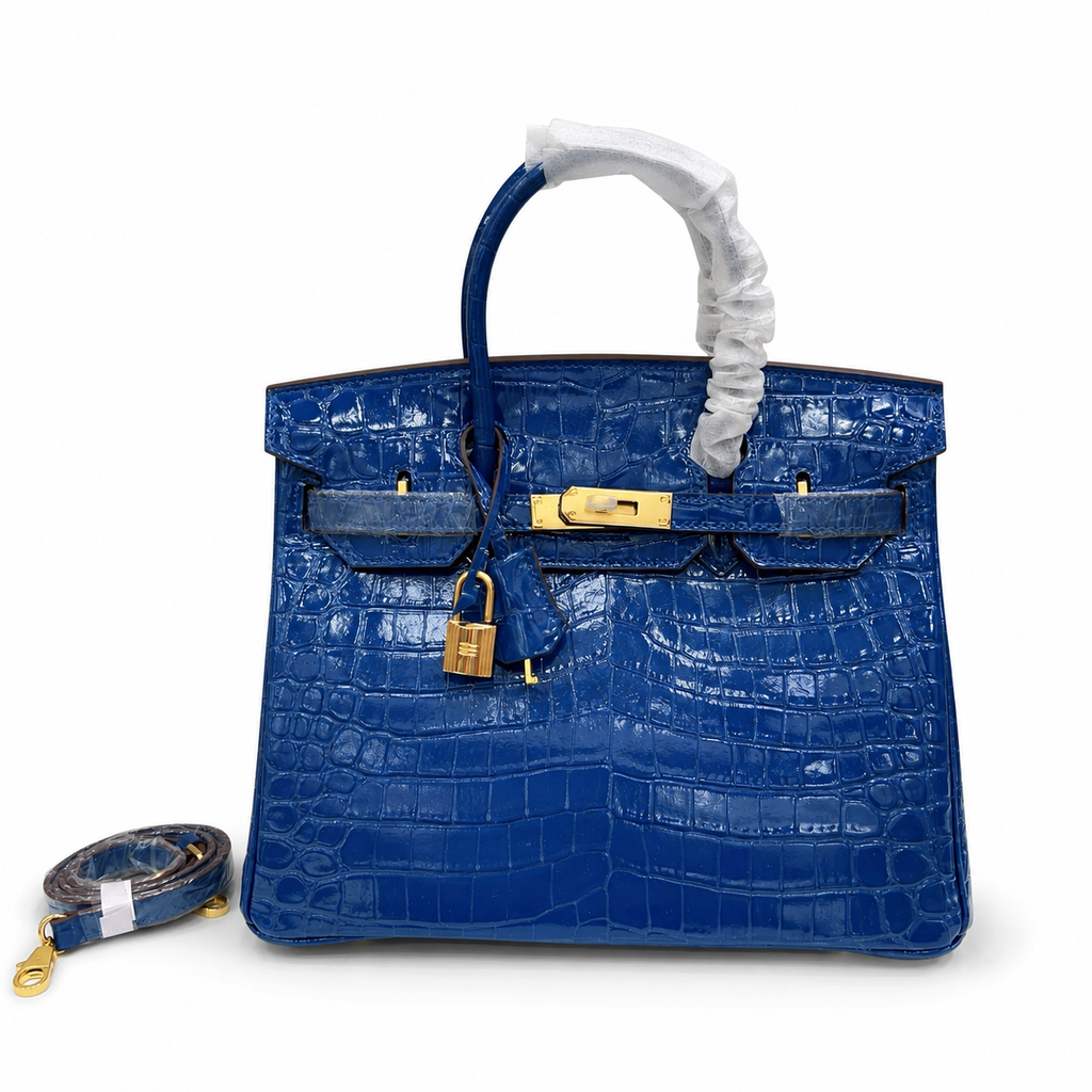 Birkin Style 25/30/35 Retourne in Royal Blue Crocodile-Embossed Leather (Gold Hardware) — Classic Hand-Carry Tote