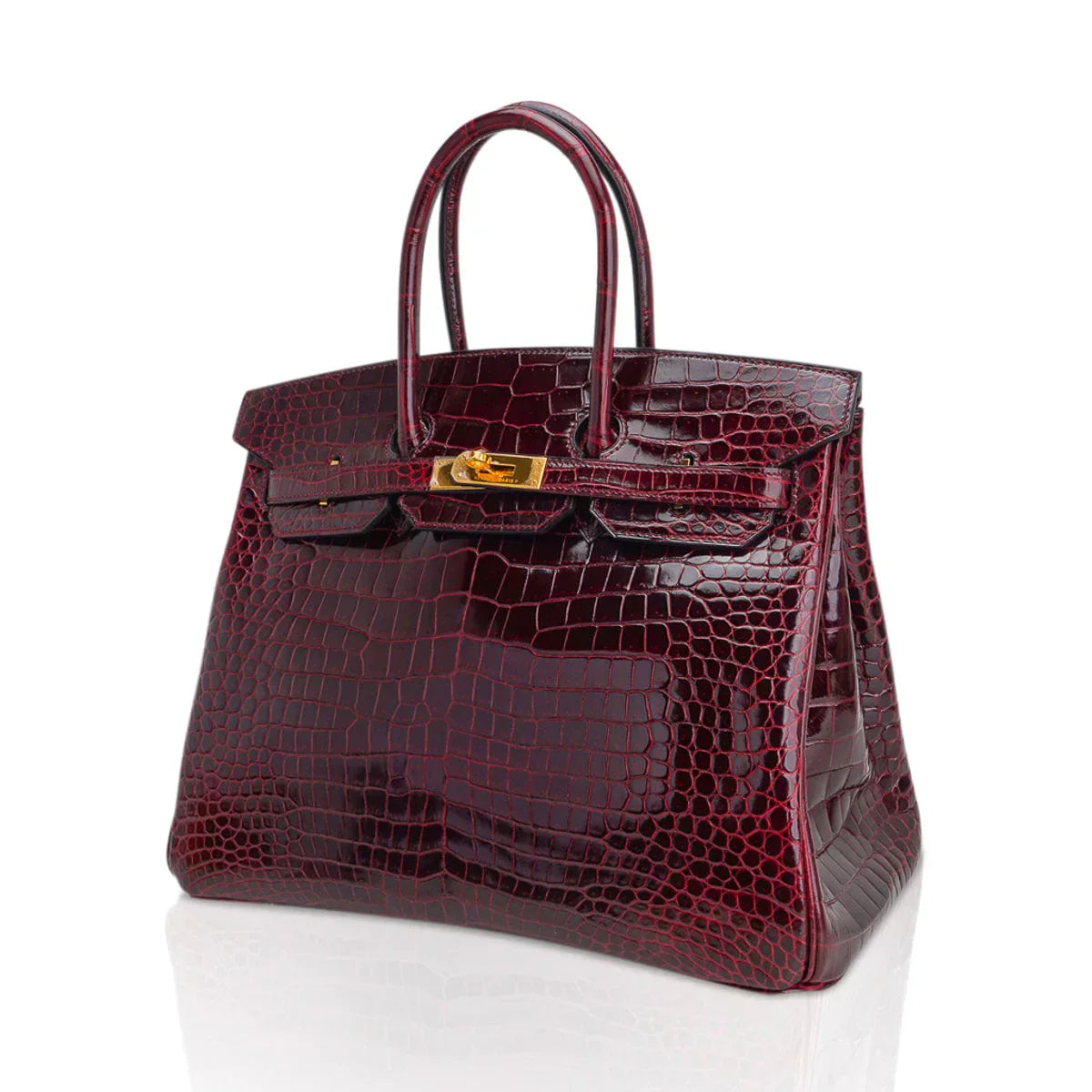 Birkin 35 Bag Bordeaux Porosus Crocodile with Gold Hardware — Polished Top-Handle Bag