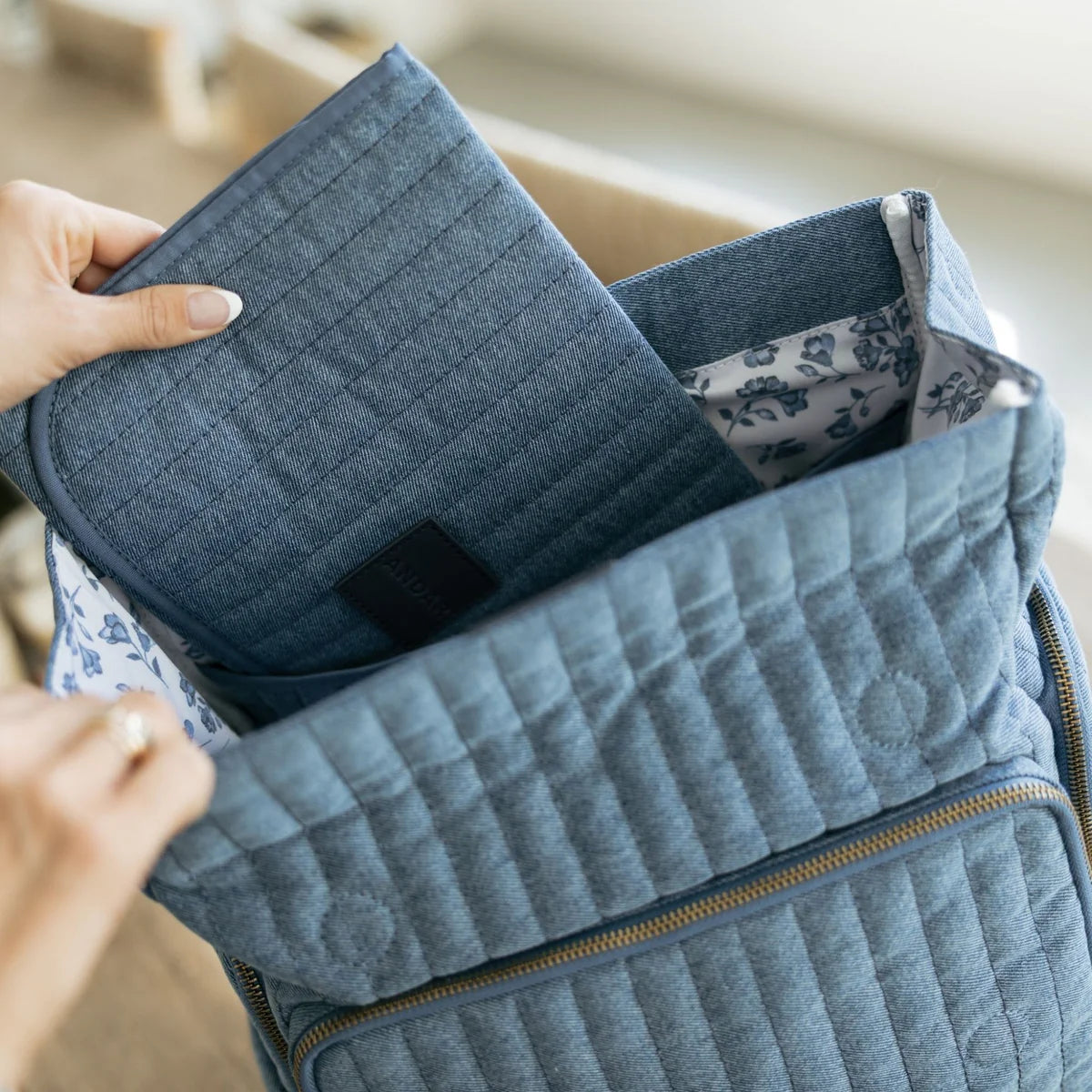 Light Blue Quilted Denim Multi-pocket Mommy Backpack Daily Travel Matching Bag