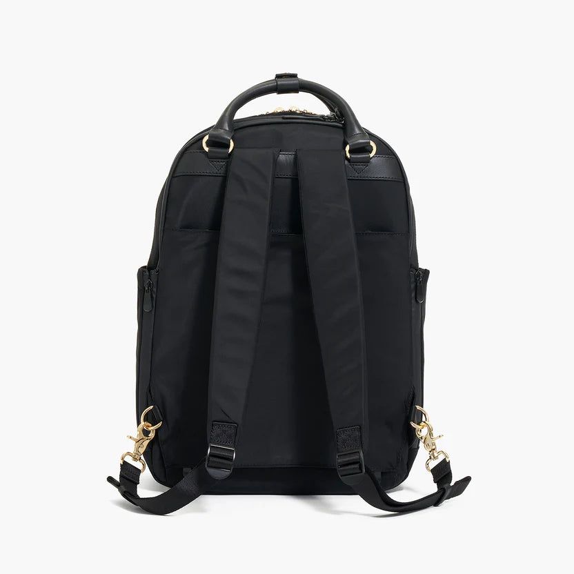 Solid Black Faux Leather Patch Multi-pocket Business Travel Convertible Backpack Bag