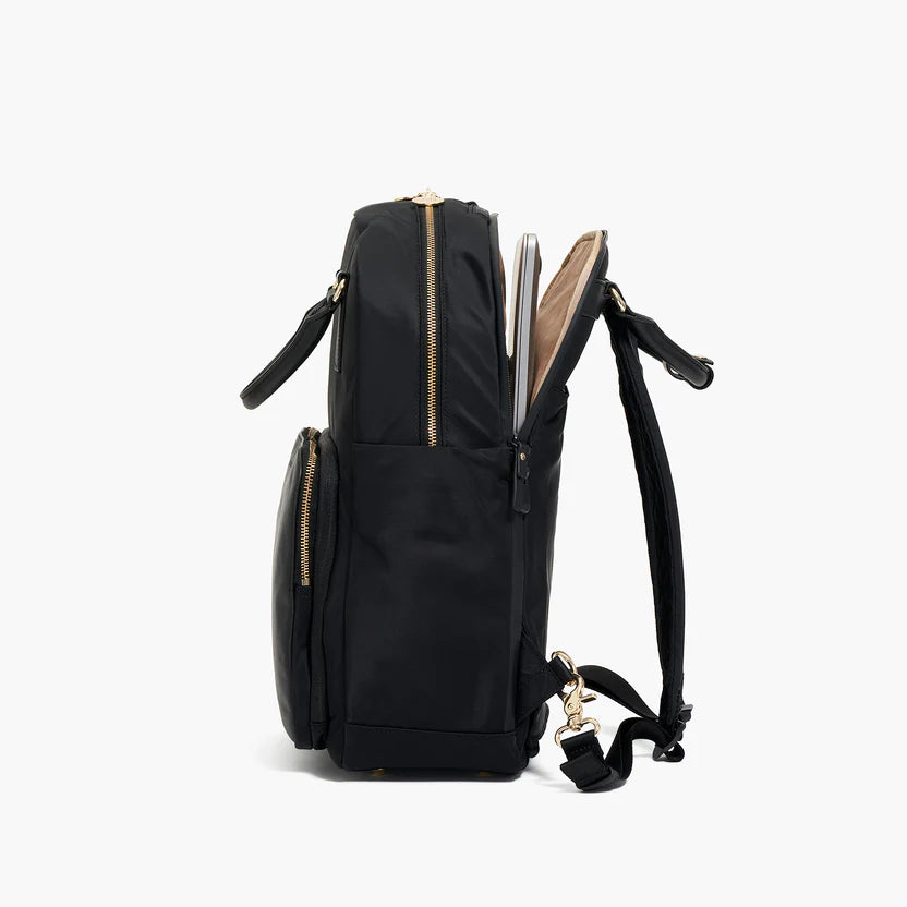 Solid Black Faux Leather Patch Multi-pocket Business Travel Convertible Backpack Bag