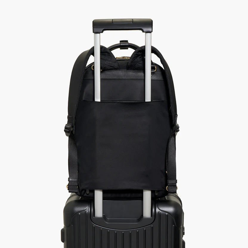 Solid Black Faux Leather Patch Multi-pocket Business Travel Convertible Backpack Bag