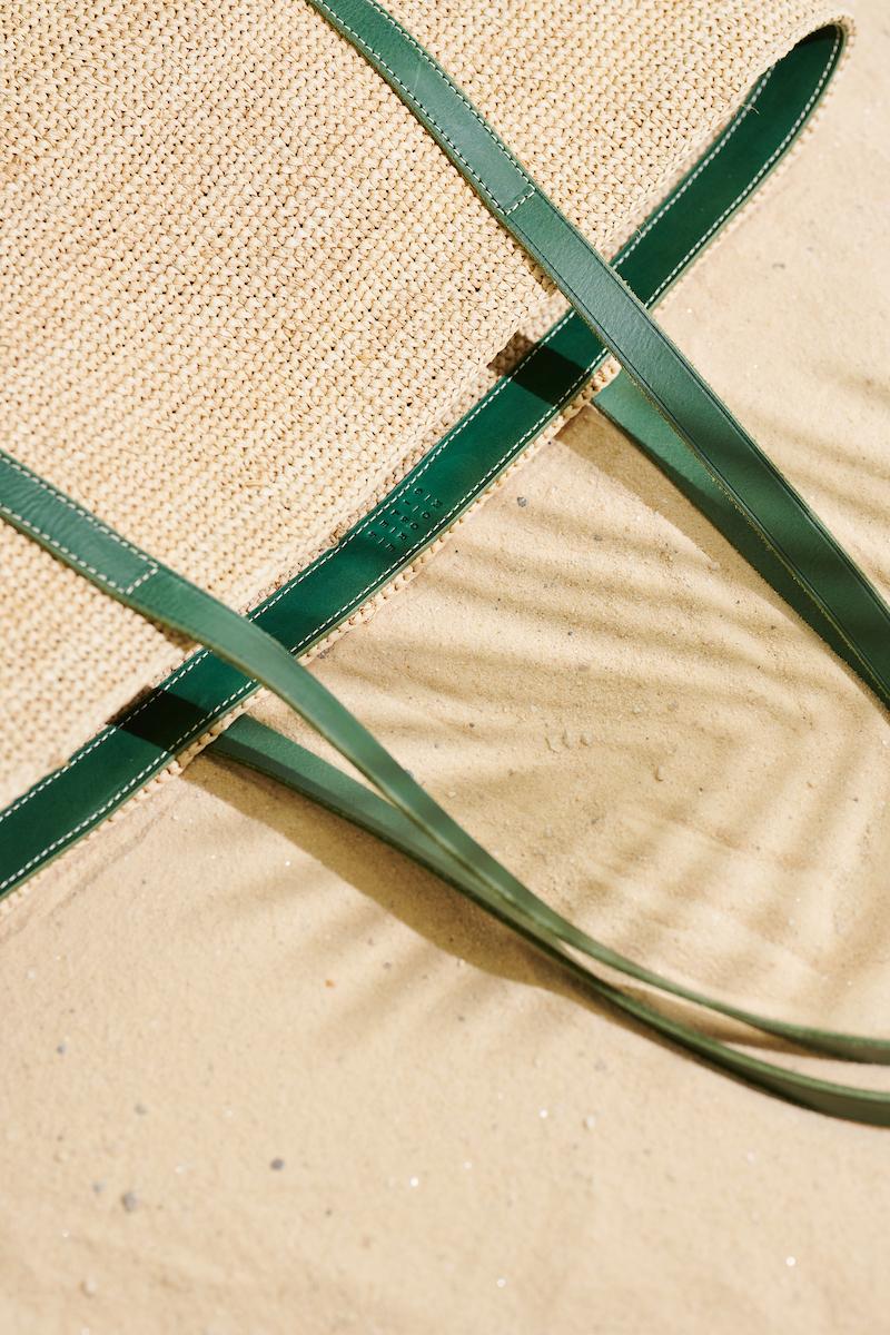 Natural Beige Woven Tote with Dark Green Leather Handles for Summer Daily Use