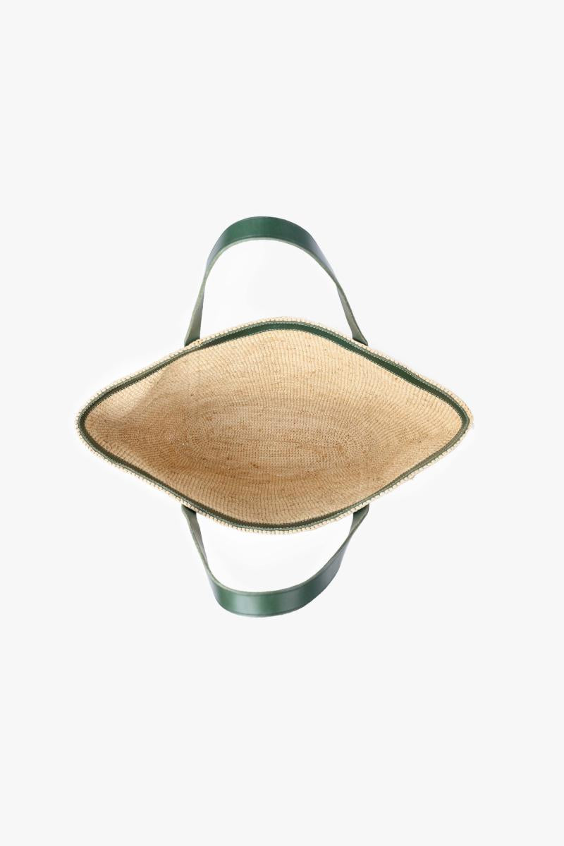 Natural Beige Woven Tote with Dark Green Leather Handles for Summer Daily Use