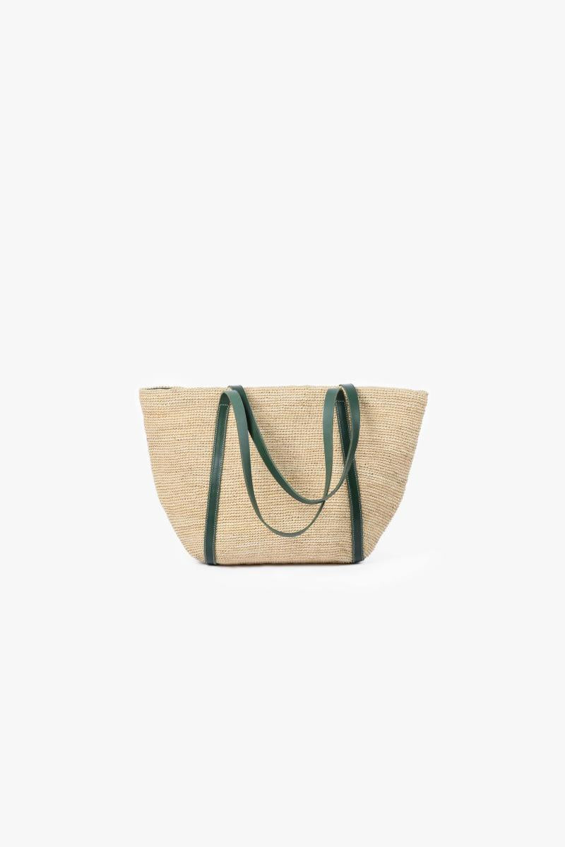 Natural Beige Woven Tote with Dark Green Leather Handles for Summer Daily Use
