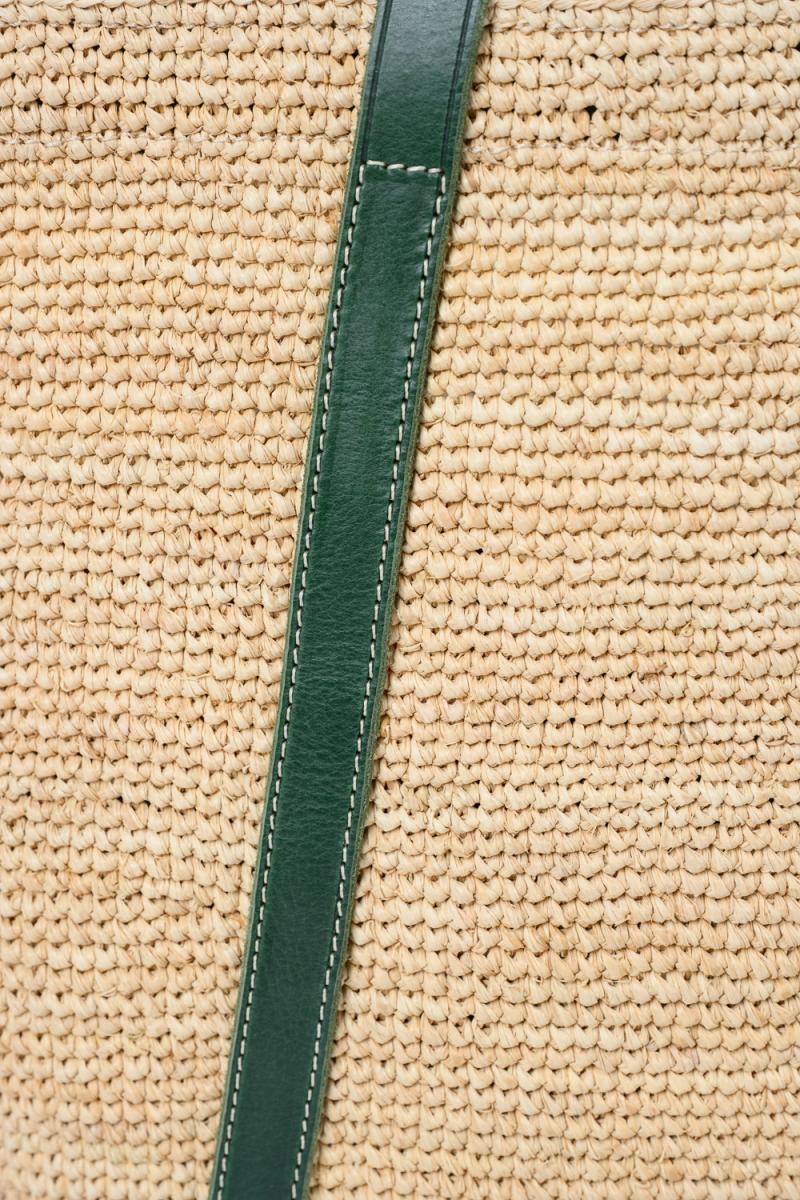 Natural Beige Woven Tote with Dark Green Leather Handles for Summer Daily Use