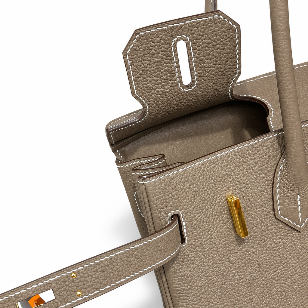 Birkin 30 Retourne in Etoupe Togo Leather with White Stitching (Gold Hardware) — Distinctive Carryall Silhouette