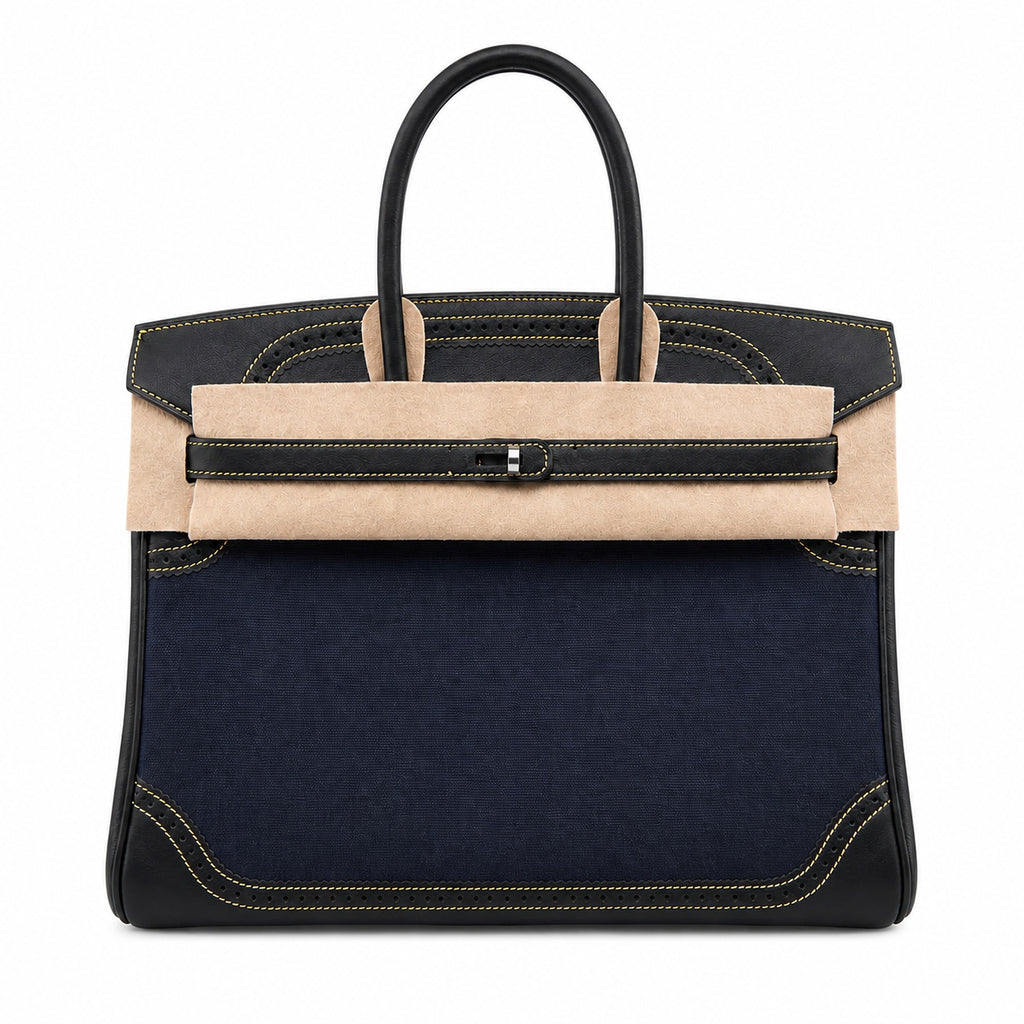 Birkin Ghillies 30 Black Leather and Navy Blue Denim Splicing Bag — Refined Structured Tote