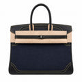 Birkin Ghillies 30 Black Leather and Navy Blue Denim Splicing Bag — Refined Structured Tote