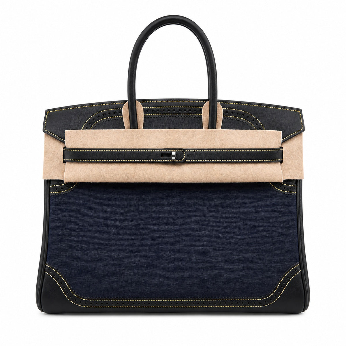 Birkin Ghillies 30 Black Leather and Navy Blue Denim Splicing Bag — Refined Structured Tote