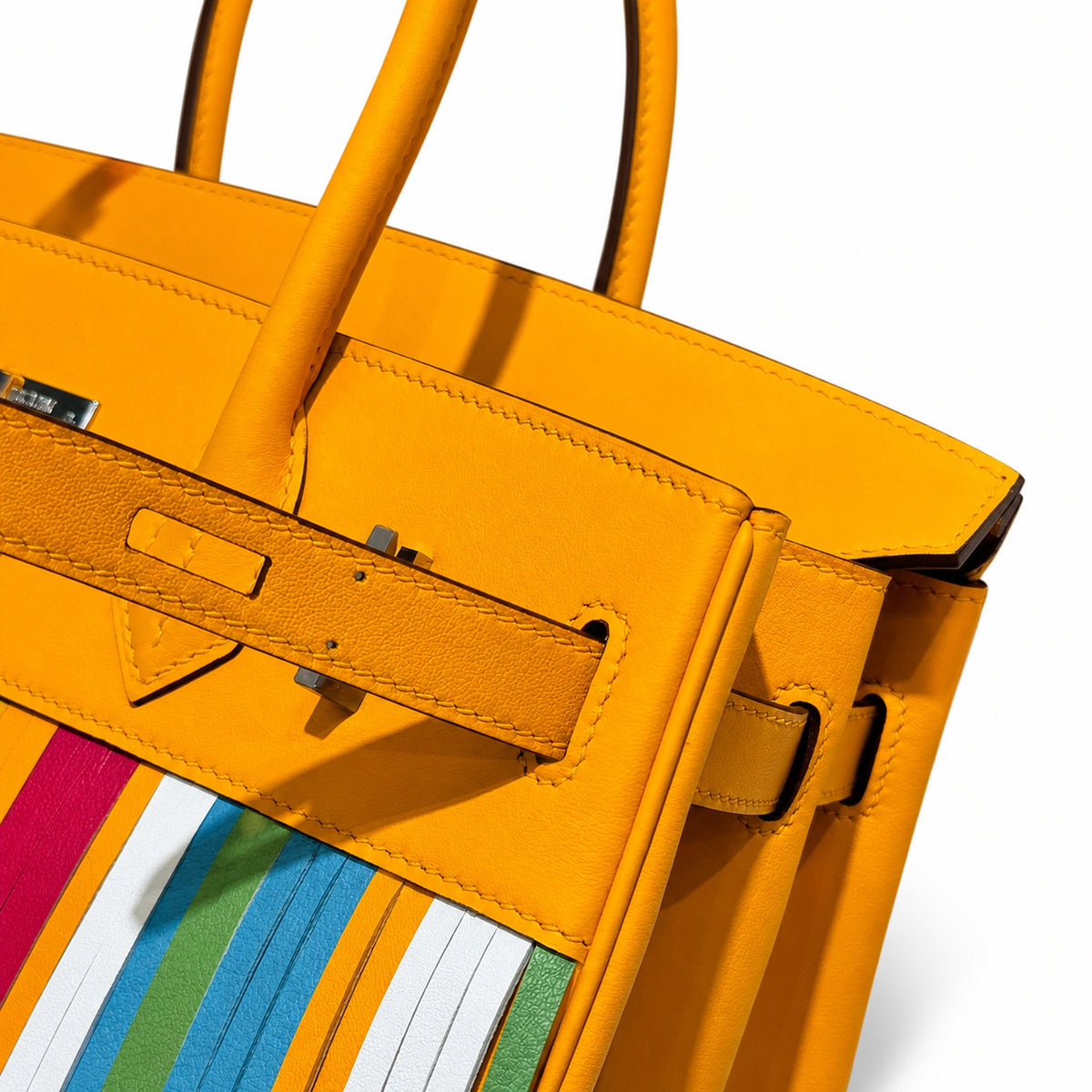 Birkin 30cm HSS Edition in Amber Yellow with Rainbow Swift Fringe — Versatile Top-Handle Handbag