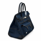 Birkin Cargo 35 in Bleu Nuit Toile Goéland and Noir Swift Leather (Palladium Hardware) — Polished Top-Handle Bag
